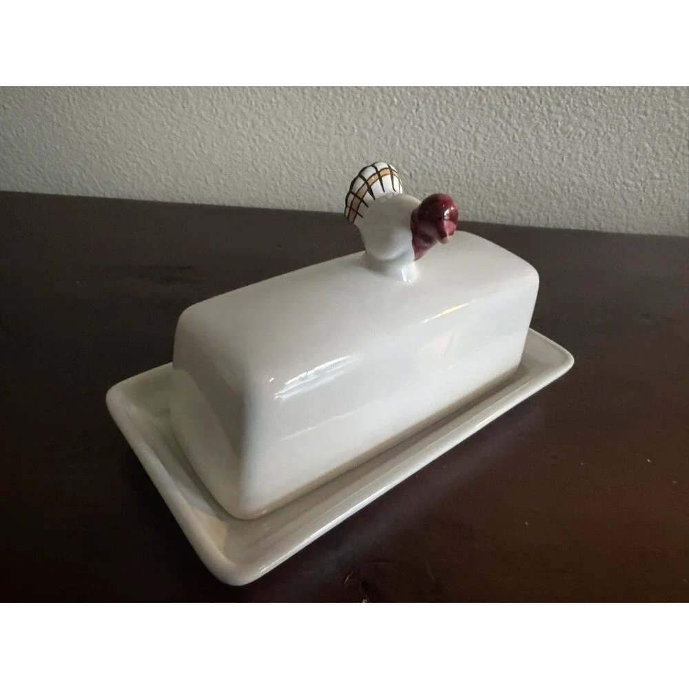POTTERY BARN CERAMIC GOBBLE COVERED BUTTER DISH WITH TURKEY KNOB EUC